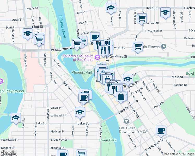 map of restaurants, bars, coffee shops, grocery stores, and more near 4 South Barstow Street in Eau Claire