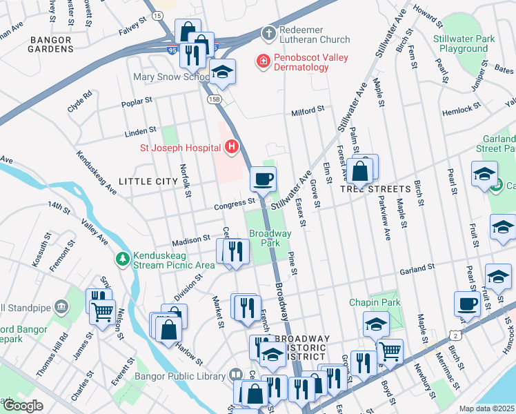 map of restaurants, bars, coffee shops, grocery stores, and more near 127 Congress Street in Bangor