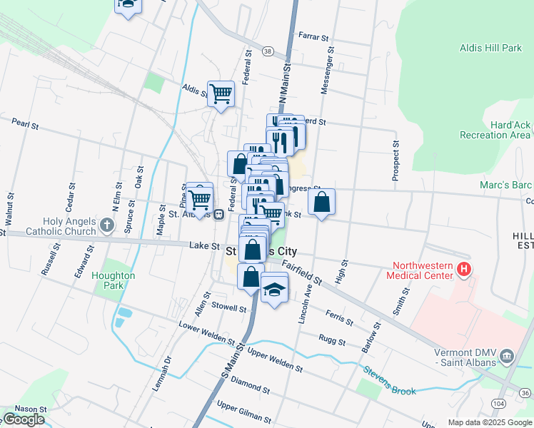 map of restaurants, bars, coffee shops, grocery stores, and more near 13 Center Street in Saint Albans City