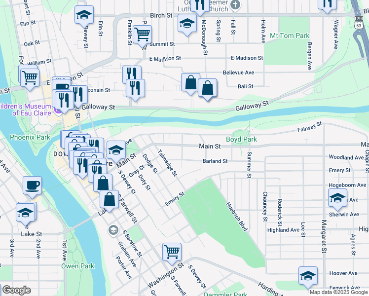 map of restaurants, bars, coffee shops, grocery stores, and more near in Eau Claire