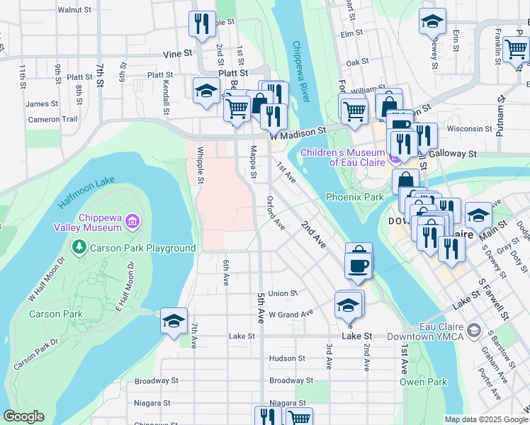 map of restaurants, bars, coffee shops, grocery stores, and more near 1231 Oxford Avenue in Eau Claire