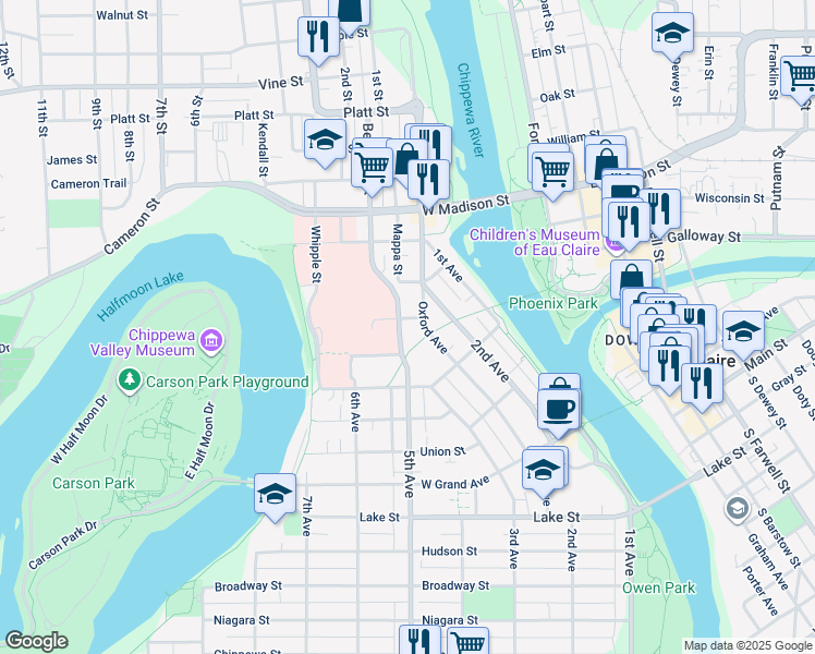 map of restaurants, bars, coffee shops, grocery stores, and more near 216 Spruce Street in Eau Claire