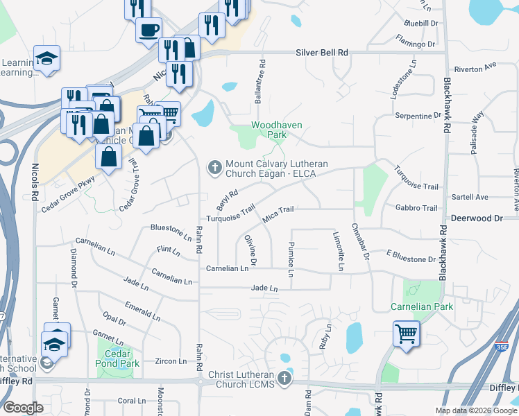 map of restaurants, bars, coffee shops, grocery stores, and more near 1916 Turquoise Trail in Eagan