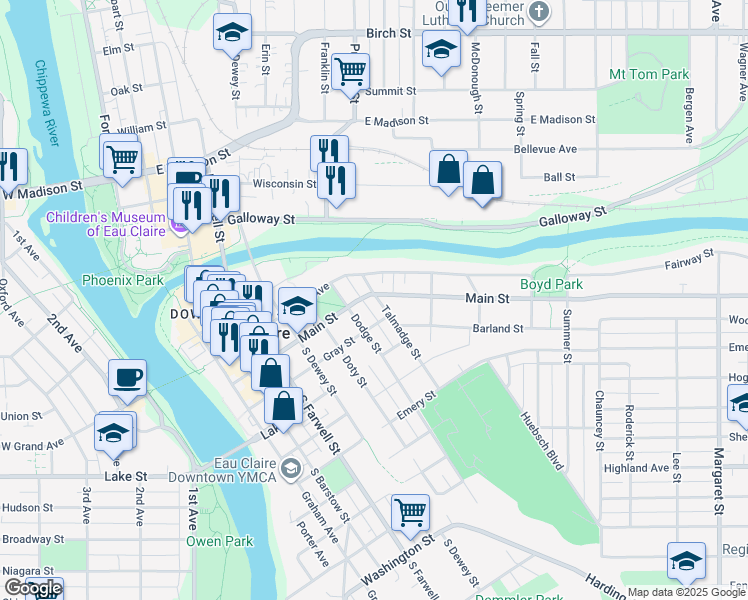 map of restaurants, bars, coffee shops, grocery stores, and more near 721 Main Street in Eau Claire