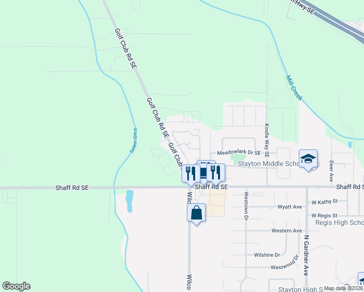 map of restaurants, bars, coffee shops, grocery stores, and more near 9874 Golf Club Road Southeast in Stayton