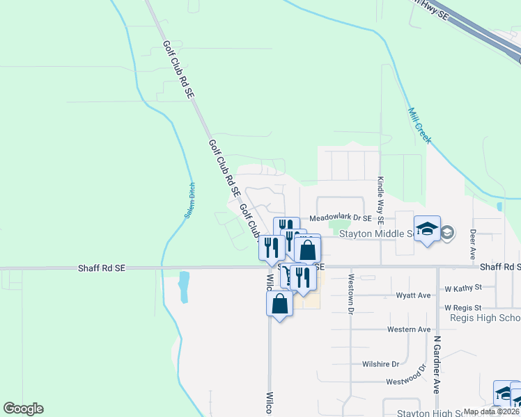 map of restaurants, bars, coffee shops, grocery stores, and more near 9874 Golf Club Road Southeast in Stayton