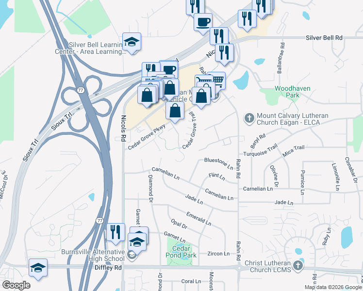 map of restaurants, bars, coffee shops, grocery stores, and more near 3996 Cedar Grove Lane in Saint Paul