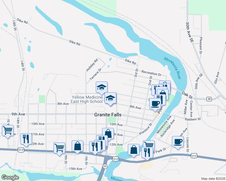 map of restaurants, bars, coffee shops, grocery stores, and more near 600 Kilowatt Drive in Granite Falls
