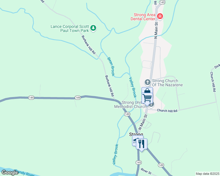 map of restaurants, bars, coffee shops, grocery stores, and more near 19 Burbank Hill Road in Strong