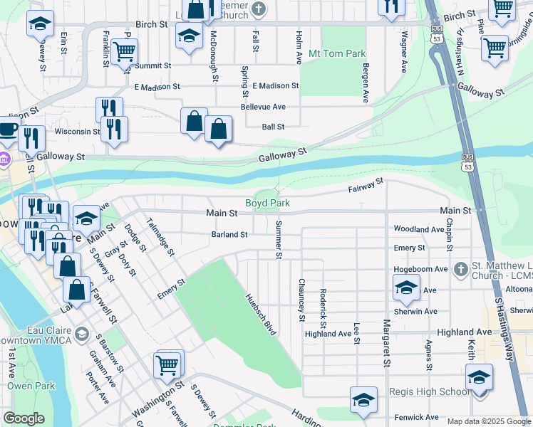 map of restaurants, bars, coffee shops, grocery stores, and more near 1198 Main Street in Eau Claire