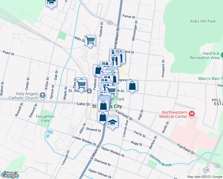 map of restaurants, bars, coffee shops, grocery stores, and more near 13 Center Street in Saint Albans City