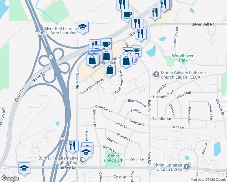 map of restaurants, bars, coffee shops, grocery stores, and more near 3996 Cedar Grove Lane in Saint Paul