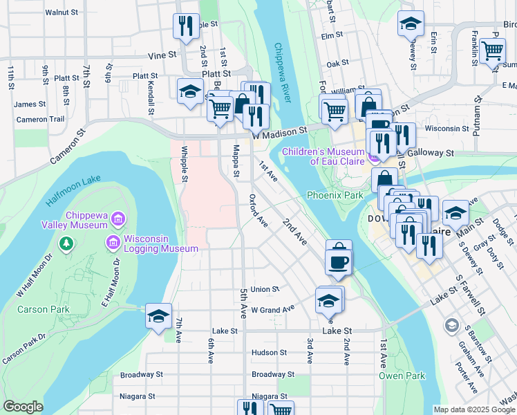 map of restaurants, bars, coffee shops, grocery stores, and more near 1231 Oxford Avenue in Eau Claire