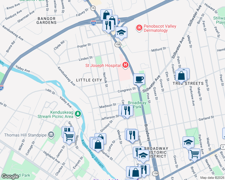 map of restaurants, bars, coffee shops, grocery stores, and more near 7 Granite Circle in Veazie