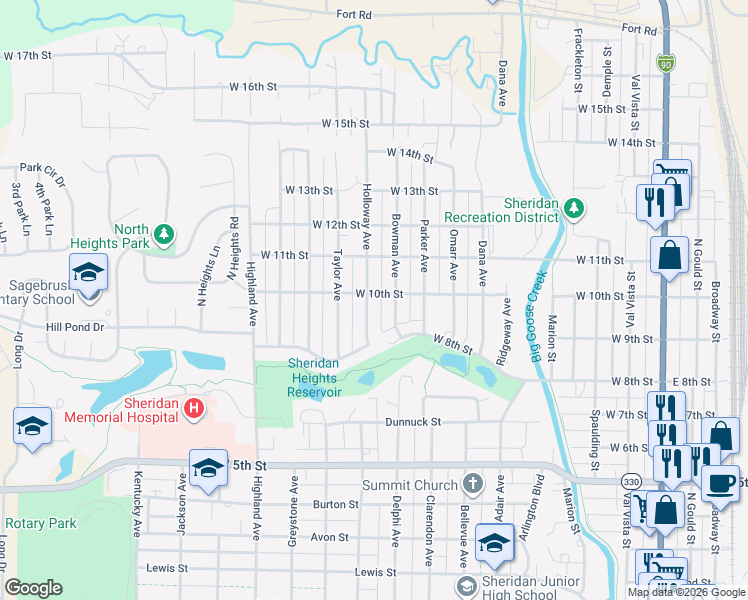 map of restaurants, bars, coffee shops, grocery stores, and more near 844 West 10th Street in Sheridan