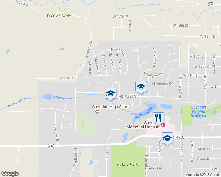 map of restaurants, bars, coffee shops, grocery stores, and more near 1785 Sagebrush Drive in Sheridan