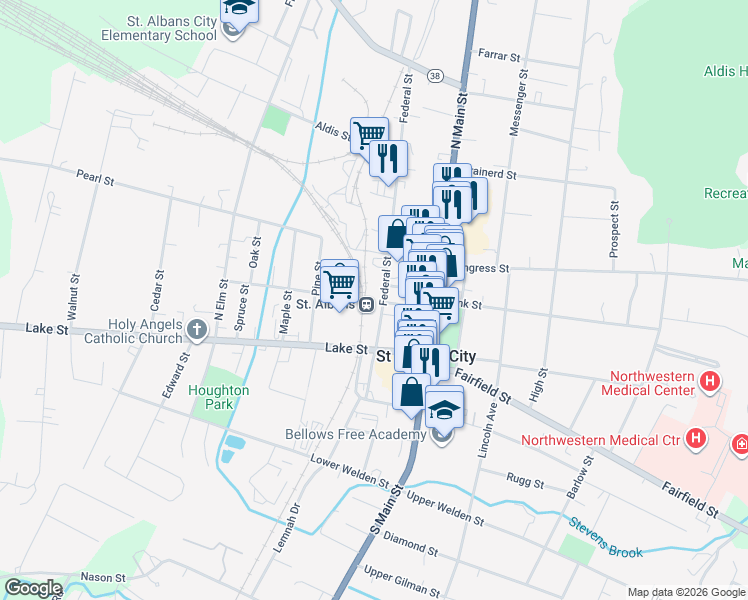 map of restaurants, bars, coffee shops, grocery stores, and more near 44 Federal Street in Saint Albans City