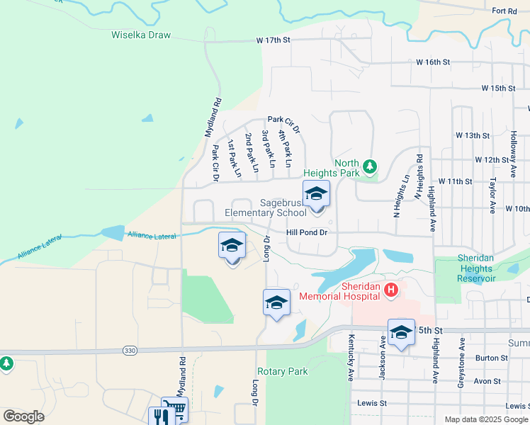 map of restaurants, bars, coffee shops, grocery stores, and more near 1785 Sagebrush Drive in Sheridan