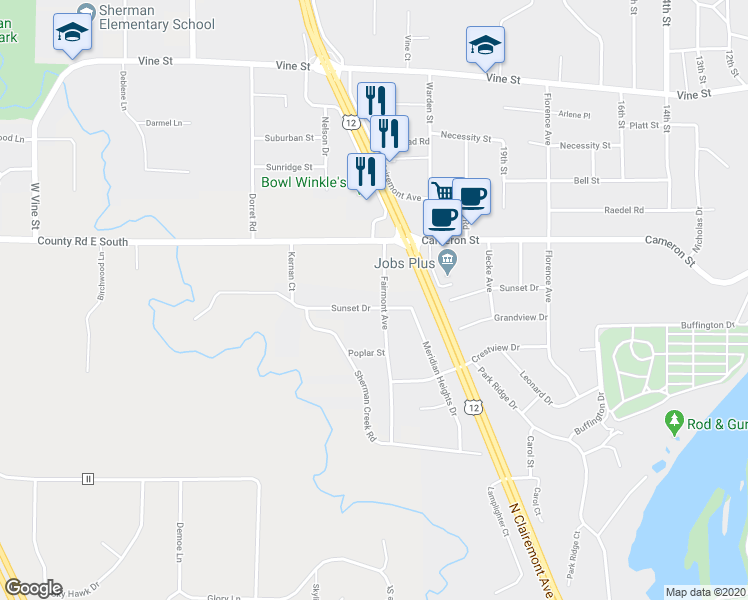 map of restaurants, bars, coffee shops, grocery stores, and more near 2304 Sunset Drive in Eau Claire