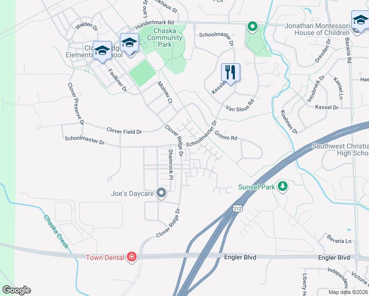 map of restaurants, bars, coffee shops, grocery stores, and more near 2151 Schoolmaster Drive in Chaska
