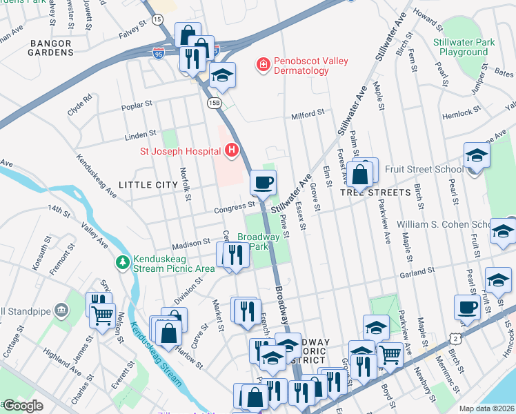 map of restaurants, bars, coffee shops, grocery stores, and more near 127 Congress Street in Bangor