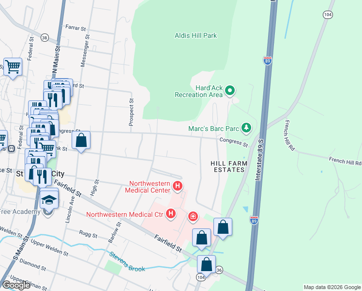 map of restaurants, bars, coffee shops, grocery stores, and more near 142 Congress Street in Saint Albans City