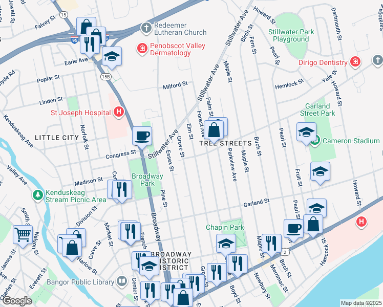 map of restaurants, bars, coffee shops, grocery stores, and more near 174 Elm Street in Bangor
