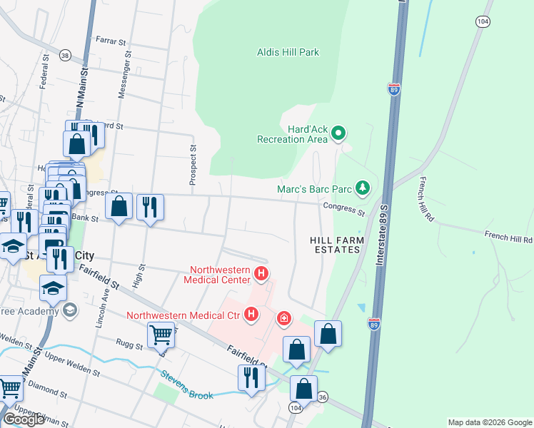 map of restaurants, bars, coffee shops, grocery stores, and more near 142 Congress Street in Saint Albans City
