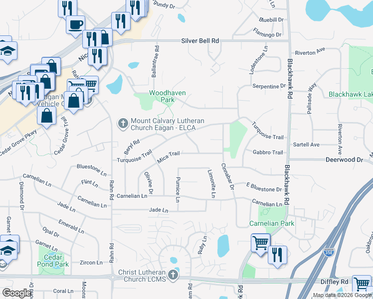 map of restaurants, bars, coffee shops, grocery stores, and more near 3943 Mica Trail in Eagan