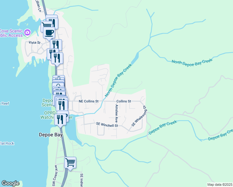 map of restaurants, bars, coffee shops, grocery stores, and more near Stanley Street in Depoe Bay