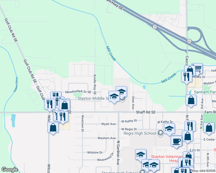 map of restaurants, bars, coffee shops, grocery stores, and more near 1219 Chukar Street in Stayton