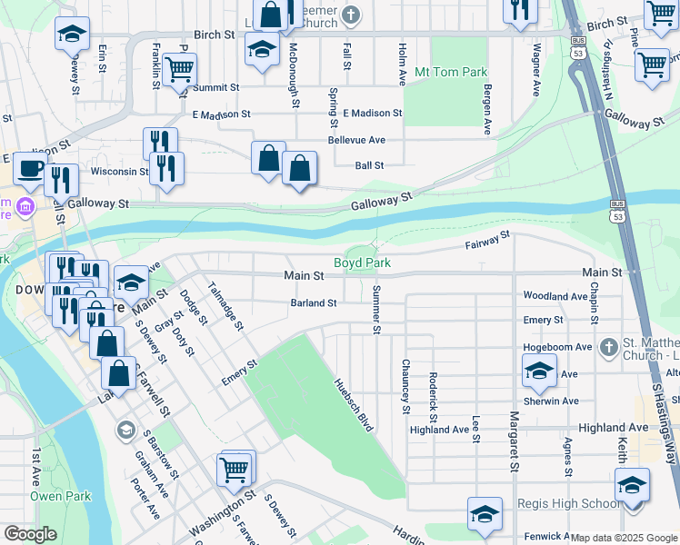 map of restaurants, bars, coffee shops, grocery stores, and more near 1044 Main Street in Eau Claire