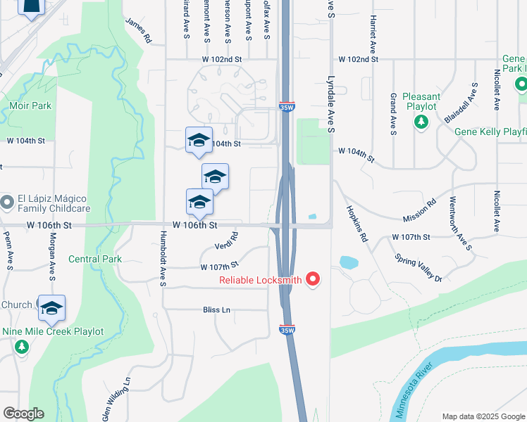 map of restaurants, bars, coffee shops, grocery stores, and more near 10514 West Bloomington Freeway in Minneapolis