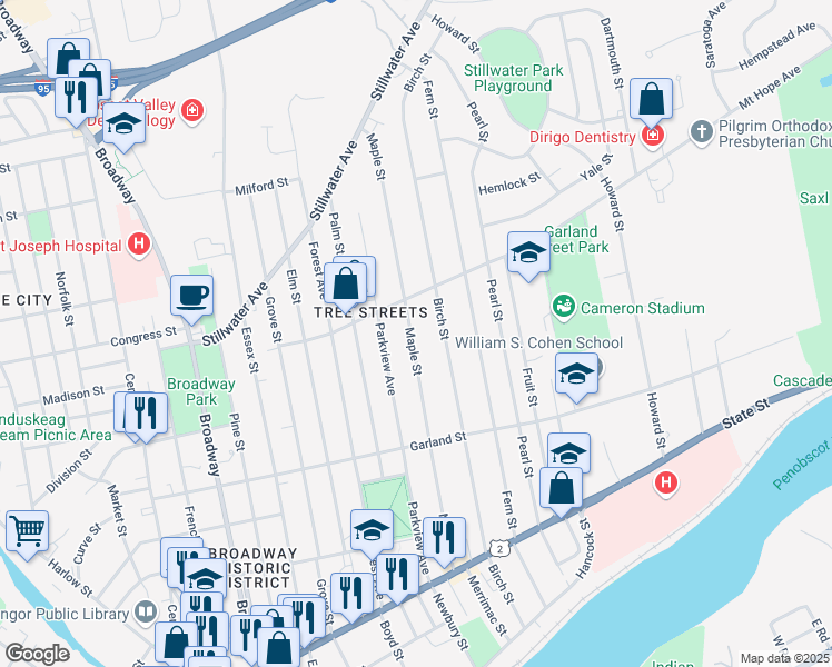 map of restaurants, bars, coffee shops, grocery stores, and more near 189 Maple Street in Bangor