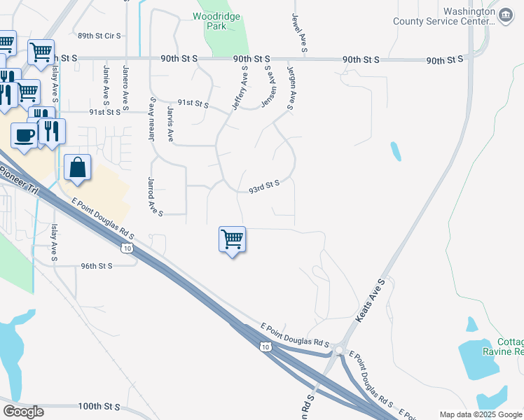 map of restaurants, bars, coffee shops, grocery stores, and more near 9440 Jergen Place South in Cottage Grove