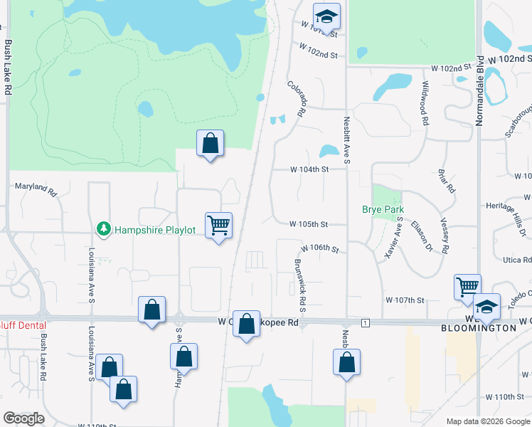 map of restaurants, bars, coffee shops, grocery stores, and more near 10446 Colorado Circle in Bloomington