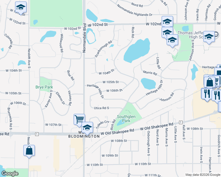 map of restaurants, bars, coffee shops, grocery stores, and more near 5208 West 106th Street in Minneapolis