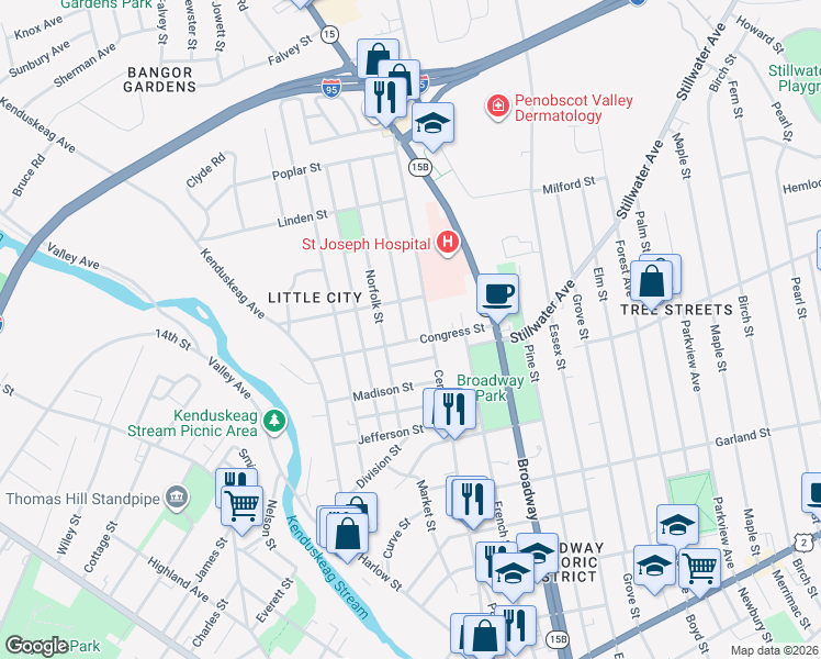 map of restaurants, bars, coffee shops, grocery stores, and more near 7 Granite Circle in Veazie