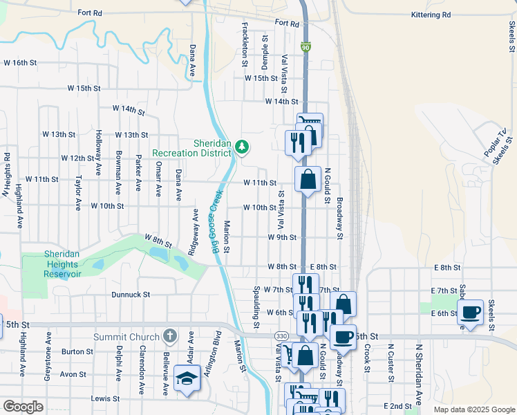 map of restaurants, bars, coffee shops, grocery stores, and more near 234 W 10th St in Sheridan