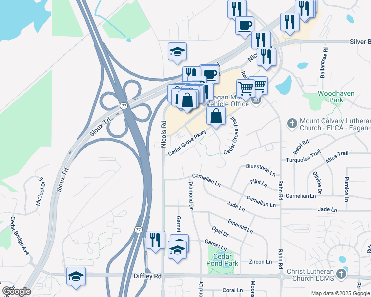 map of restaurants, bars, coffee shops, grocery stores, and more near 4019 River Valley Way in Eagan