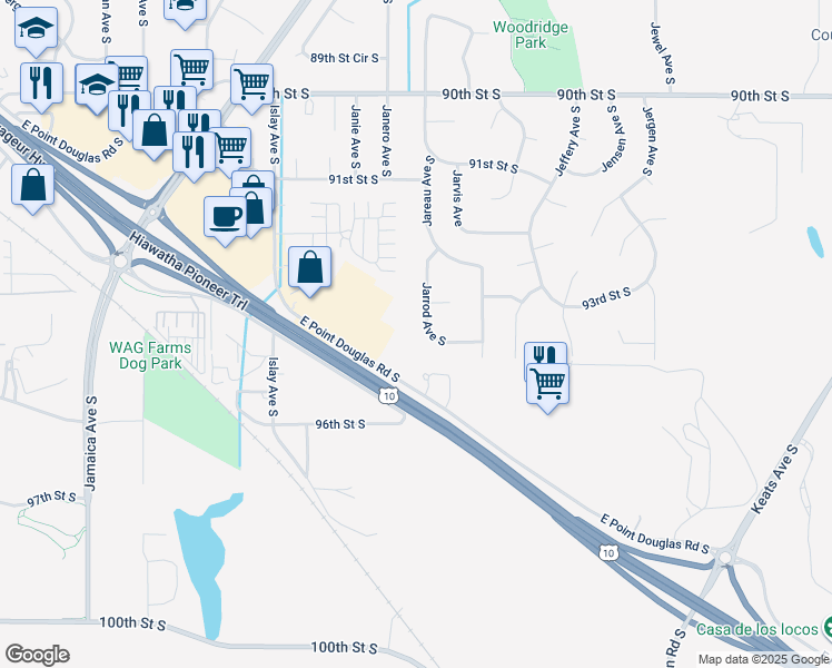 map of restaurants, bars, coffee shops, grocery stores, and more near 9460 Jarrod Avenue South in Cottage Grove
