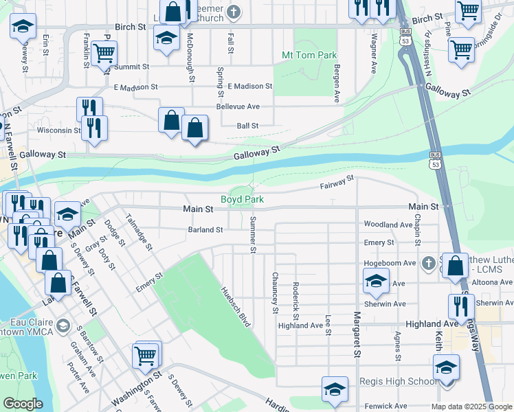 map of restaurants, bars, coffee shops, grocery stores, and more near 1200 Main Street in Eau Claire