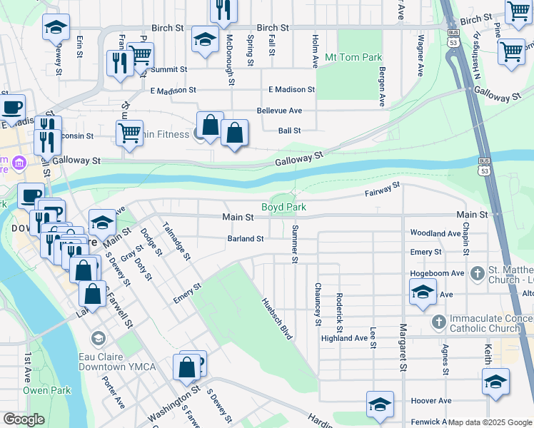 map of restaurants, bars, coffee shops, grocery stores, and more near 1044 Main Street in Eau Claire