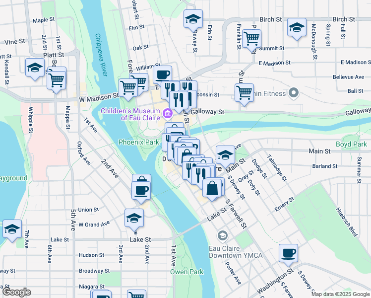 map of restaurants, bars, coffee shops, grocery stores, and more near 316 Eau Claire Street in Eau Claire
