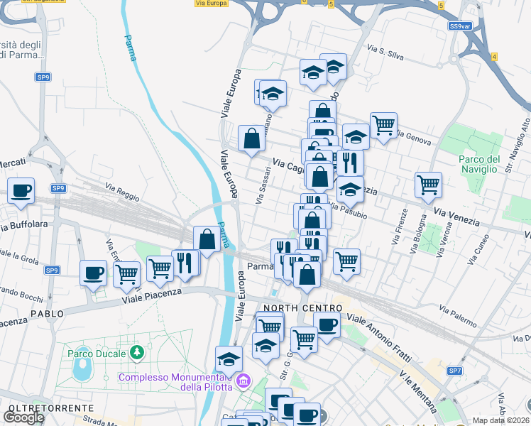map of restaurants, bars, coffee shops, grocery stores, and more near 12 Via Brennero in Parma