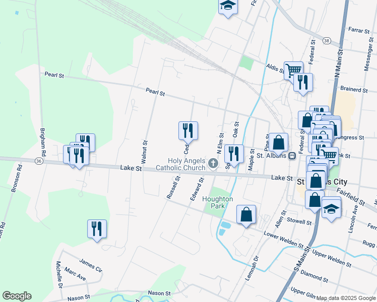 map of restaurants, bars, coffee shops, grocery stores, and more near 19 Cedar Street in Saint Albans City