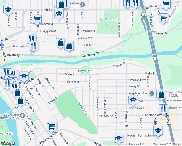 map of restaurants, bars, coffee shops, grocery stores, and more near 1200 Main Street in Eau Claire