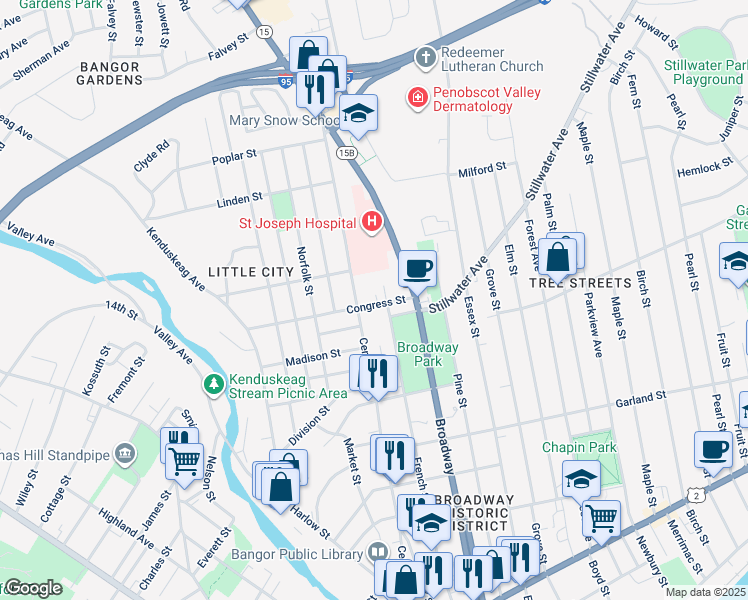 map of restaurants, bars, coffee shops, grocery stores, and more near 100 Congress Street in Bangor