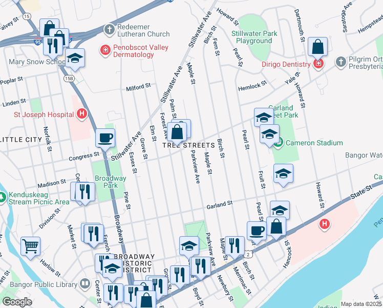 map of restaurants, bars, coffee shops, grocery stores, and more near 196 Parkview Avenue in Bangor