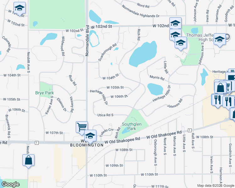 map of restaurants, bars, coffee shops, grocery stores, and more near 5208 West 106th Street in Minneapolis